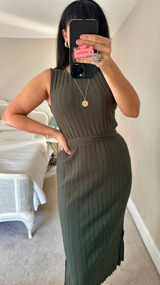 Oliver Bonas Olive khaki green ribbed stretch midi dress small medium UK 10-12 vgc