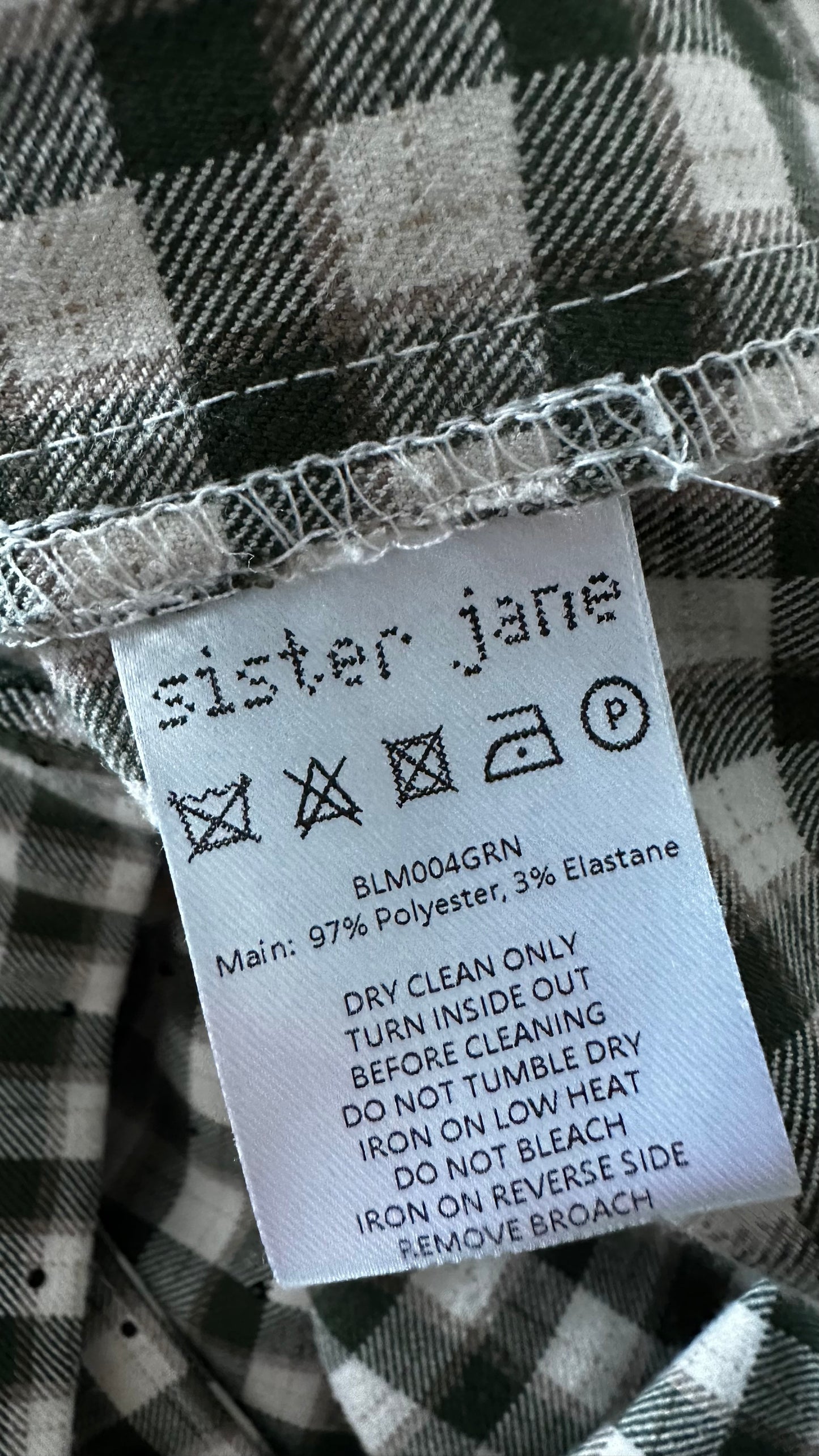 Sister Jane khaki green cream check gingham shirt dress mini medium UK 12