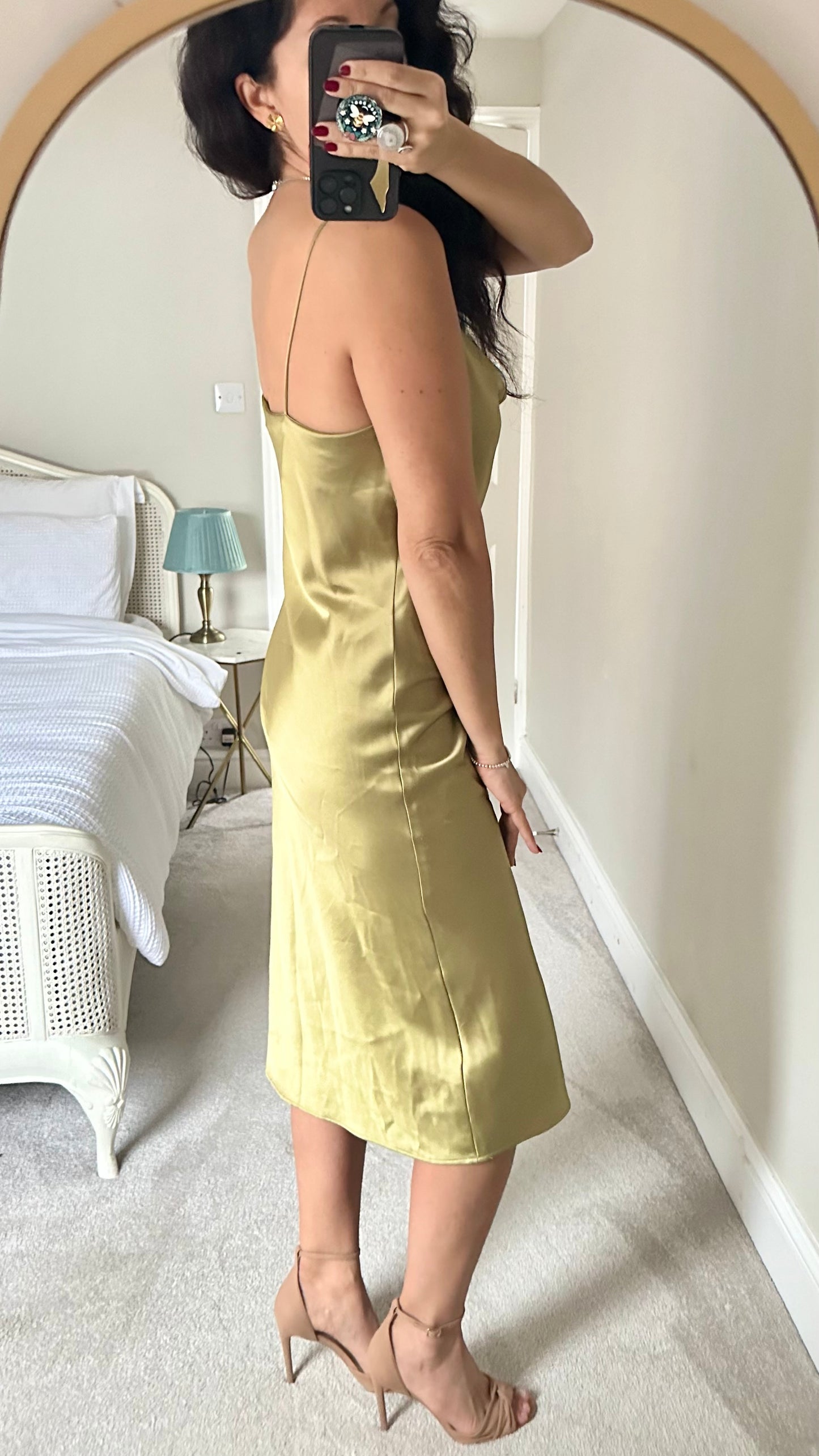 Topshop khaki gold slip dress event eveningwear party UK 12 petite vgc