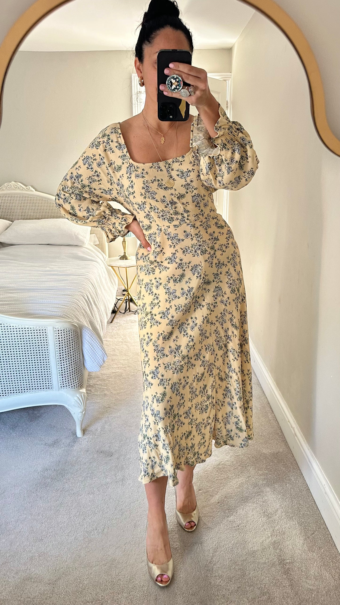 Ghost butter yellow blue grey floral event wedding guest dress extra large UK 14 vgc