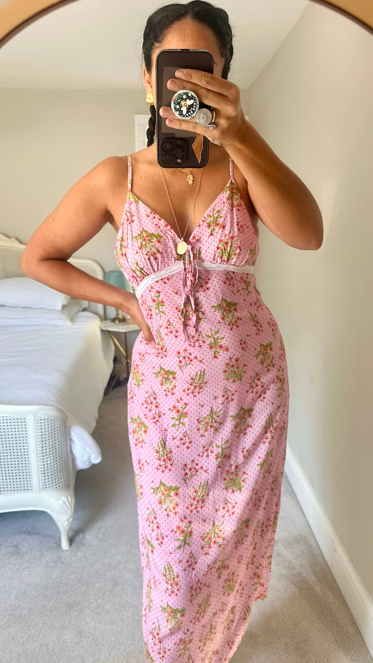 Y.A.S light pink polka dot floral print midaxi slip dress holiday large L UK 12 vgc