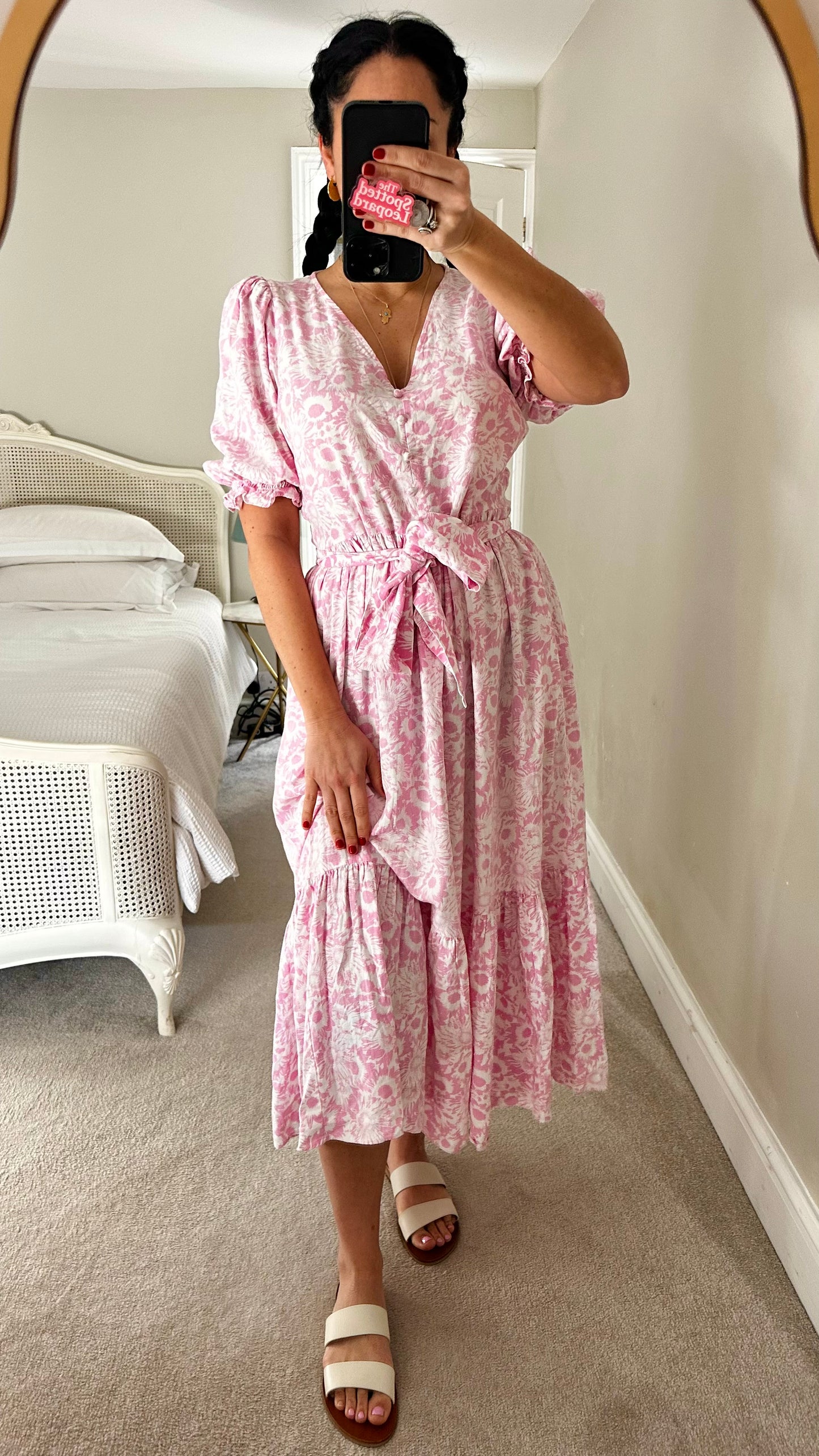 Oliver Bonas rose light pink white floral linen blend button up midi long dress medium UK 12 vgc