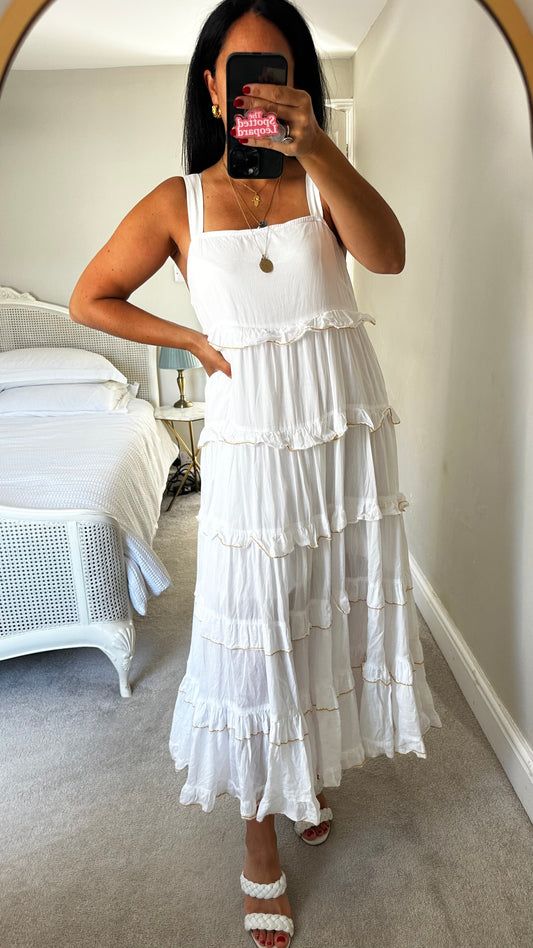 Selected Femme @ Anthropologie white tiered maxi long dress medium UK 14-16 cotton holiday vgc
