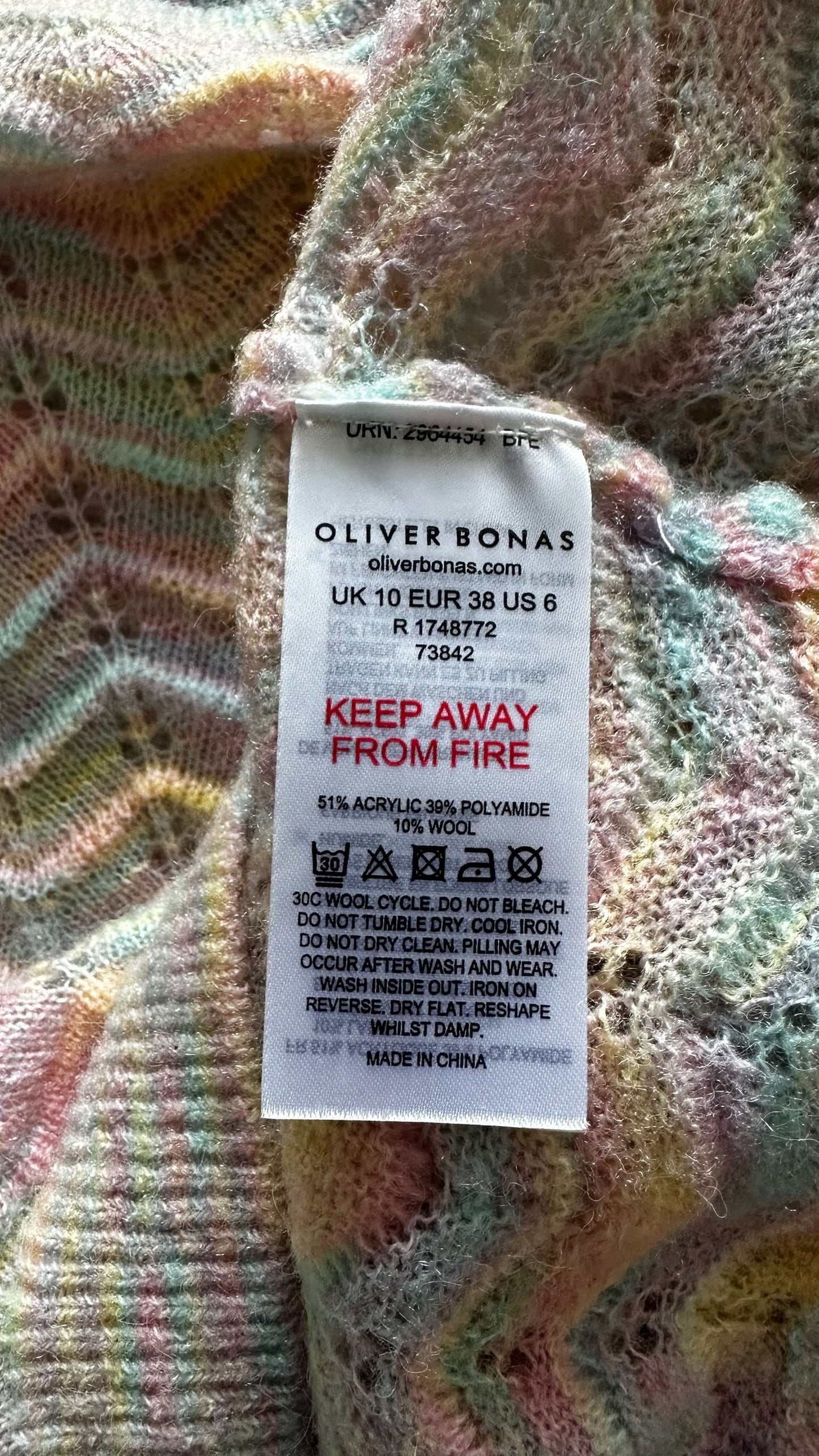 Oliver bonas rainbow multi colour crochet knitted jumper medium UK 10 vgc