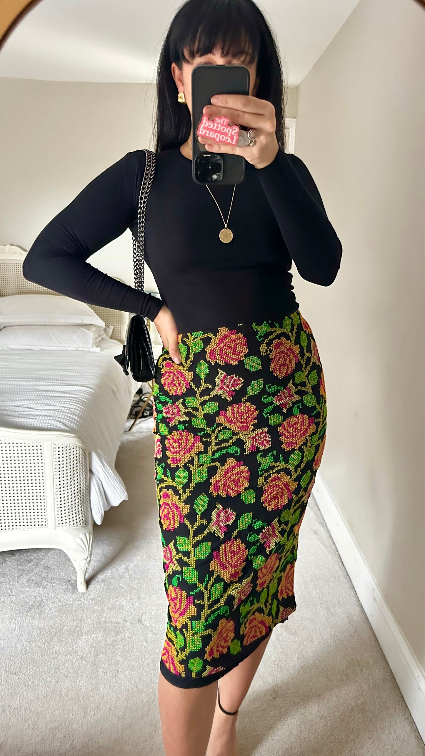 Essentiel Antwerp green yellow pink embroidered midi length skirt small UK 8 vgc