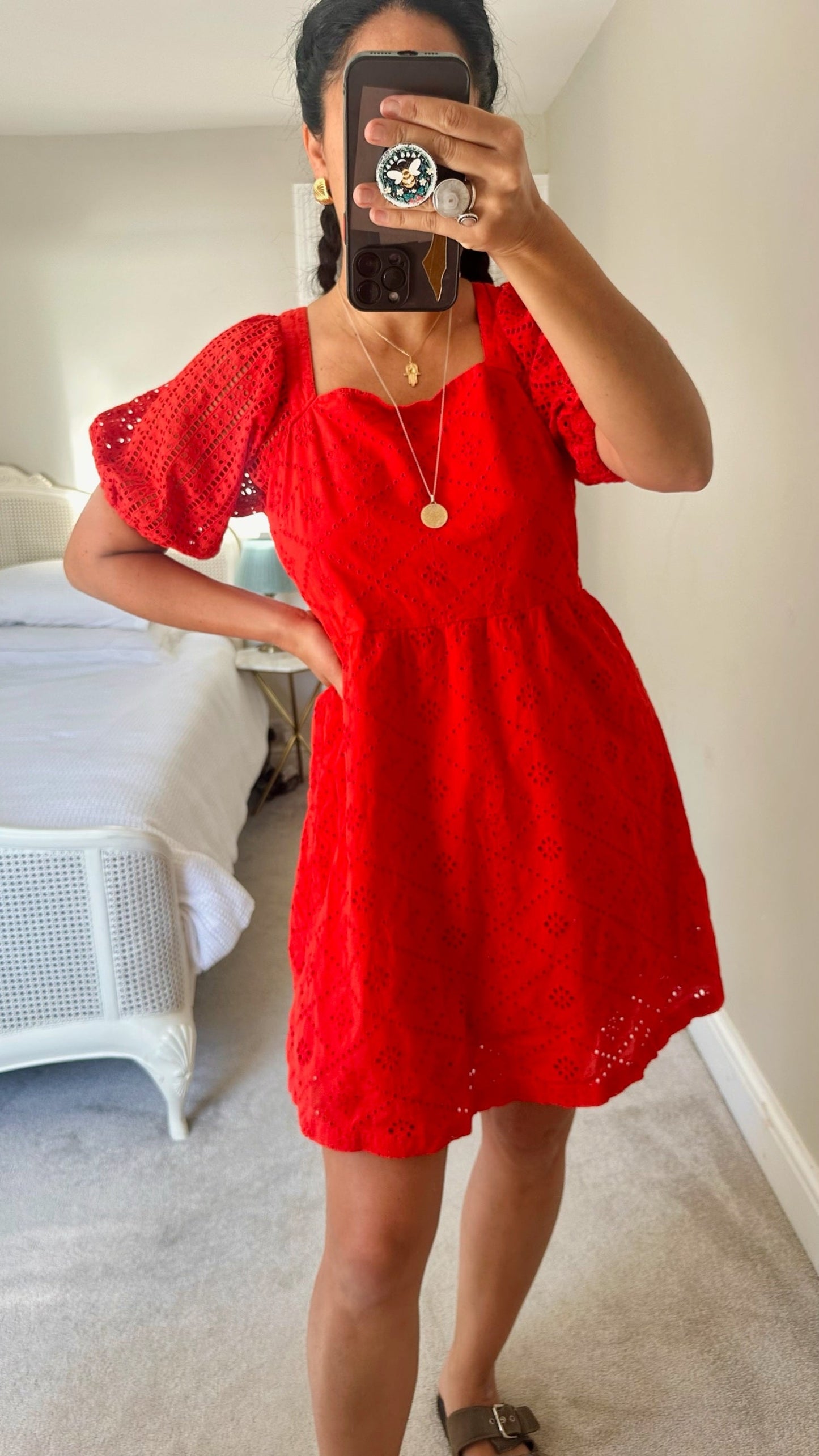 Oliver bonas bright red orange broderie anglaise holiday mini dress small UK 10 vgc