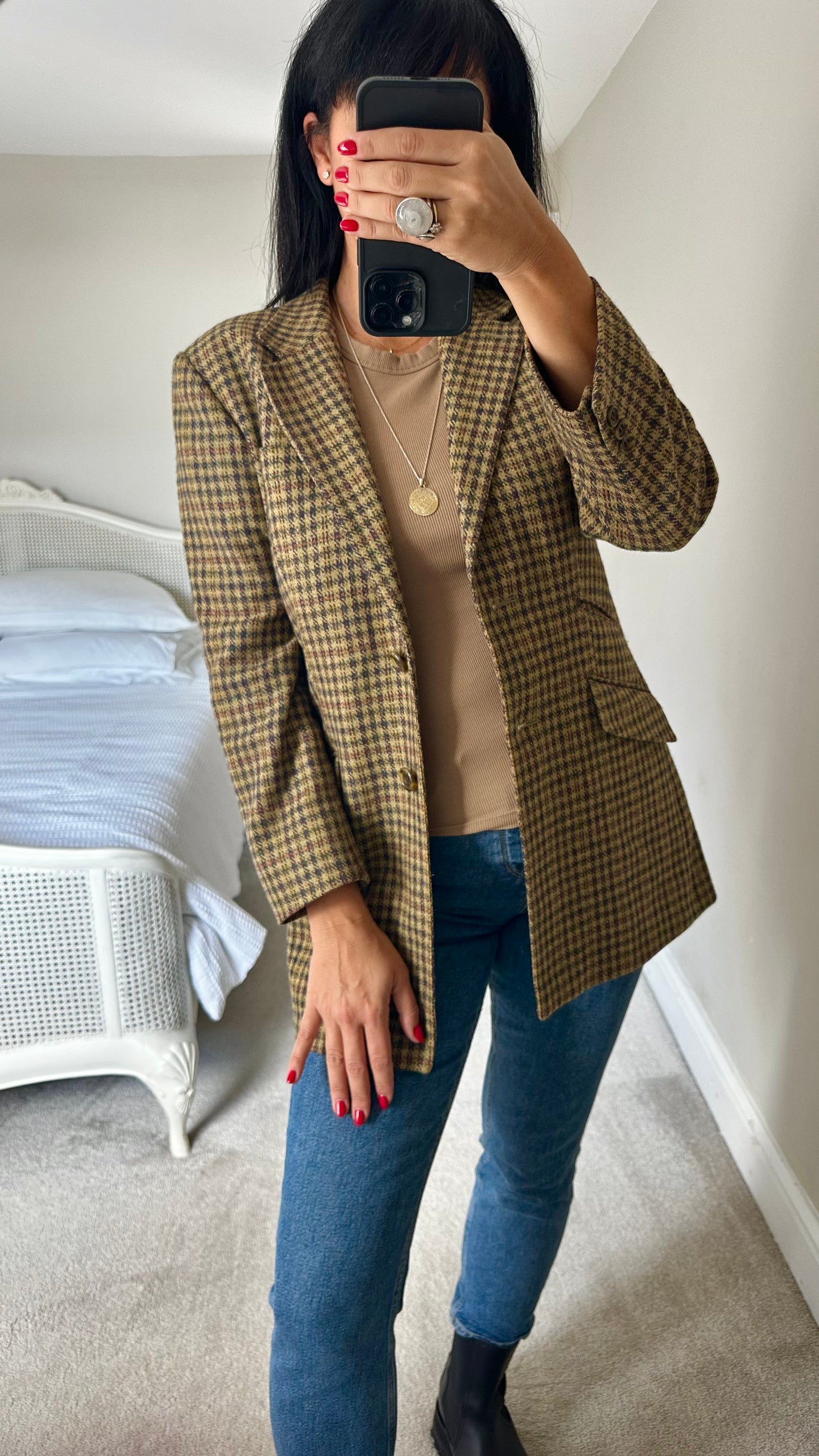 Aquascutum vintage beige brown gingham check blazer jacket small medium 100% wool vgc UK 8-10