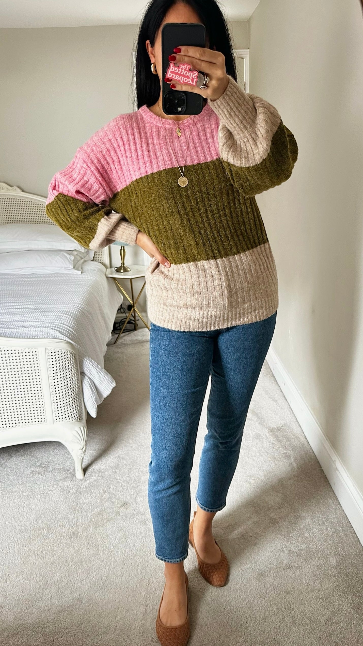 Ichi pink green cream colour block alpaca blend knitted jumper UK 10 vgc XMS25