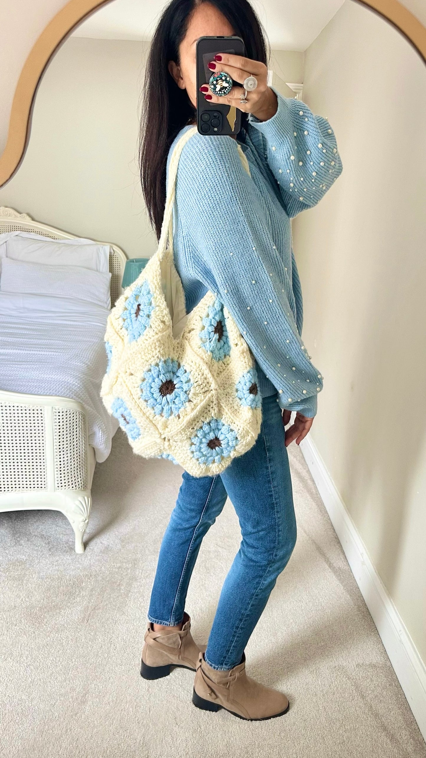 Handmade blue white crochet lined shoulder bag NWOT