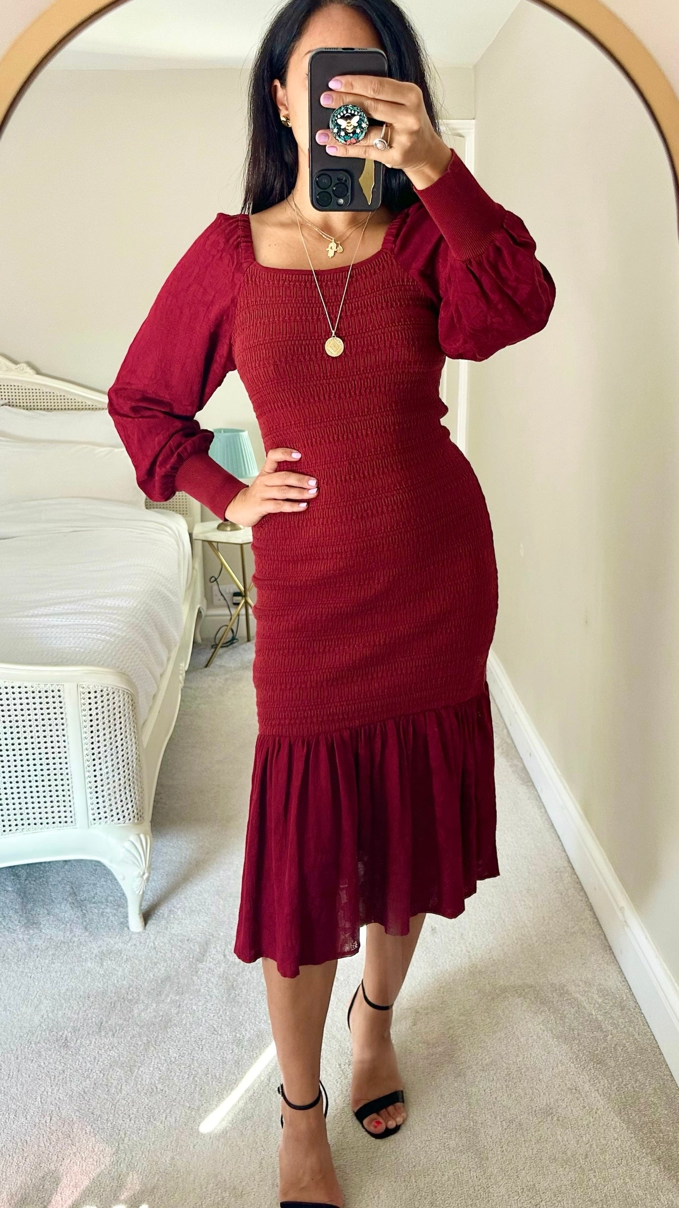 Anthropologie deep red tiered hem long sleeve midi dress vgc medium UK 10-12