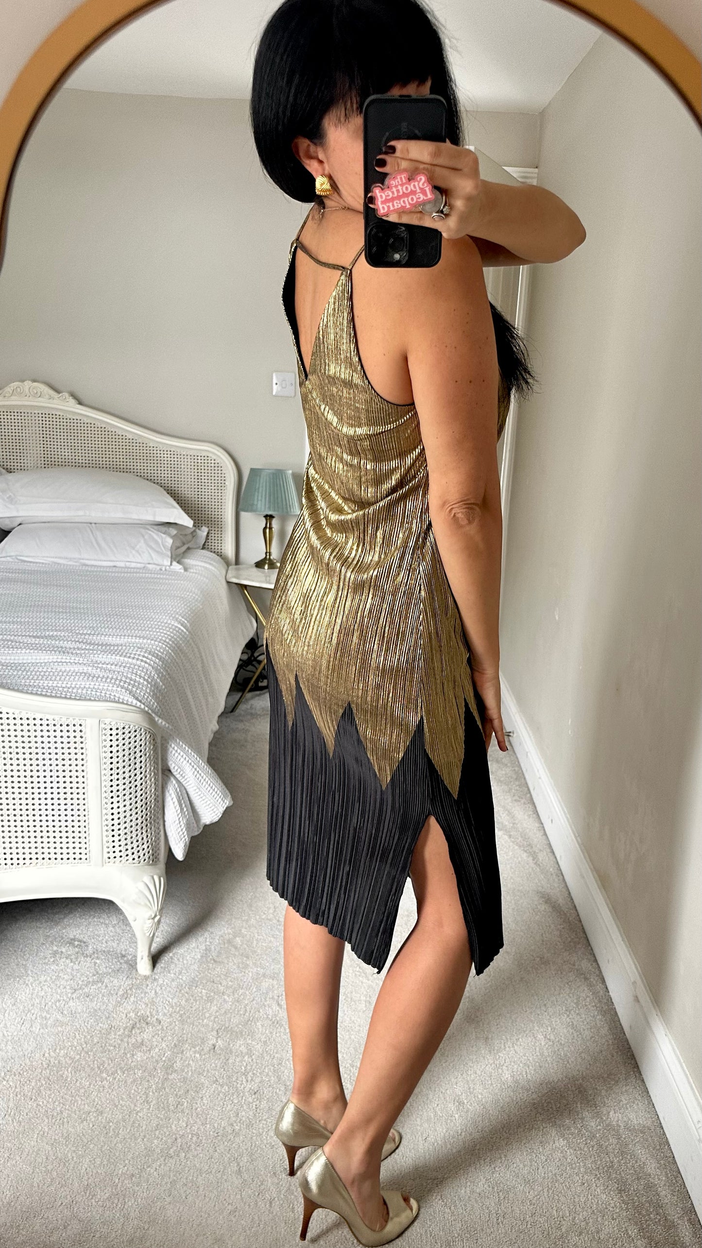 River Island gold black crinkle plissé midi long party event dress small medium UK 10