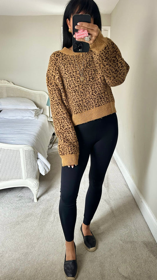Topshop brown black leopard animal print crop jumper large L UK 12 excellent used condition