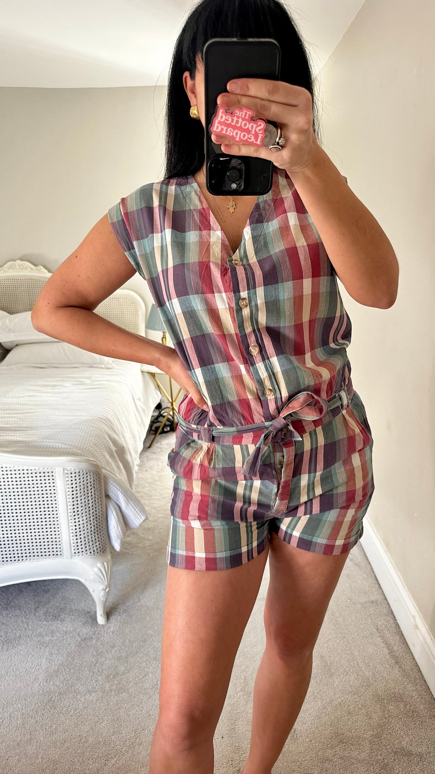 La Redoute green red check vintage gingham playsuit shorts small UK 8 vgc