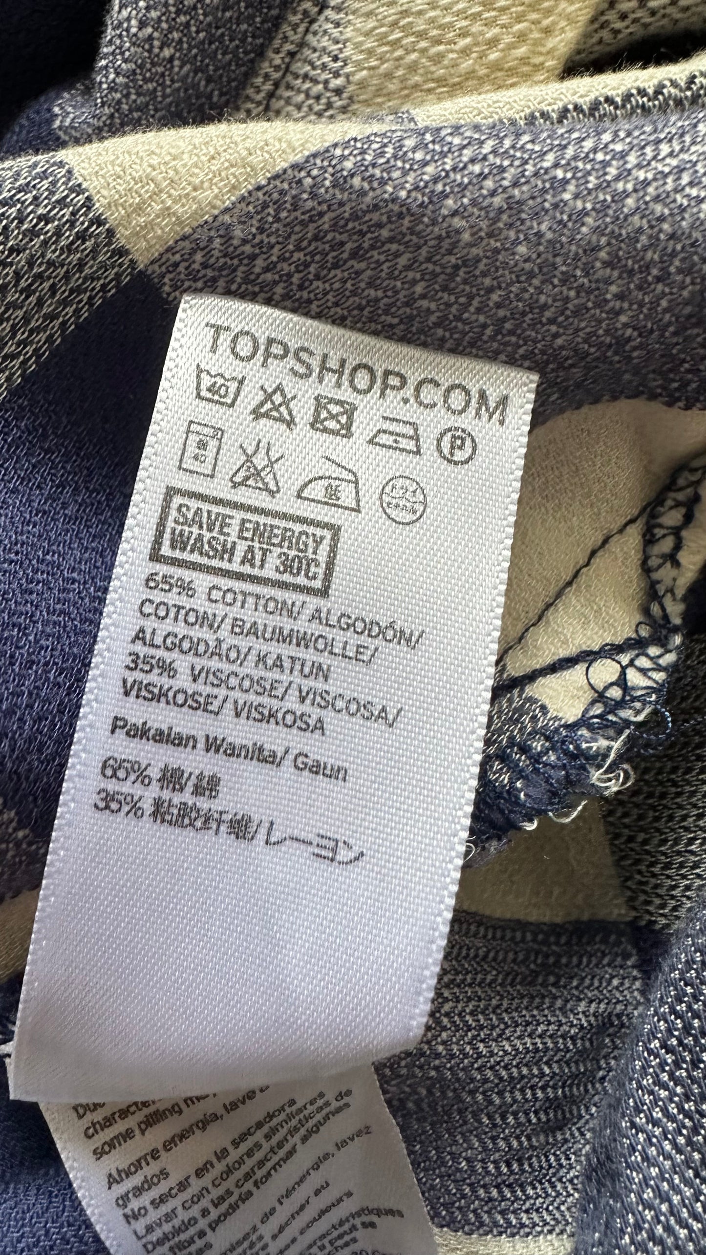 Topshop navy blue cream gingham shirt dress mini medium UK 12 vgc