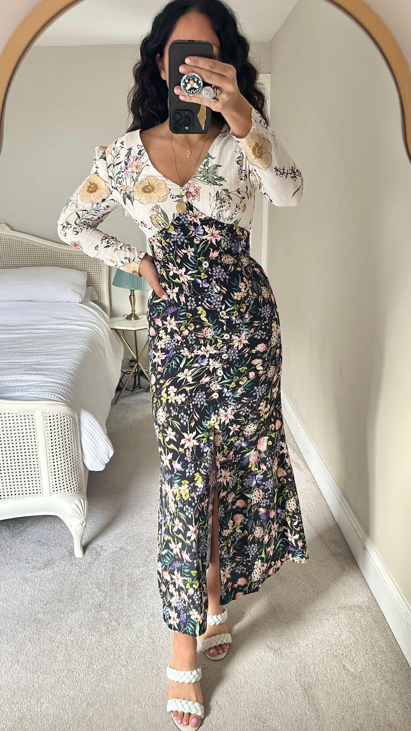 Never Fully Dressed black cream lilac floral maxi event dress small UK 10 vgc