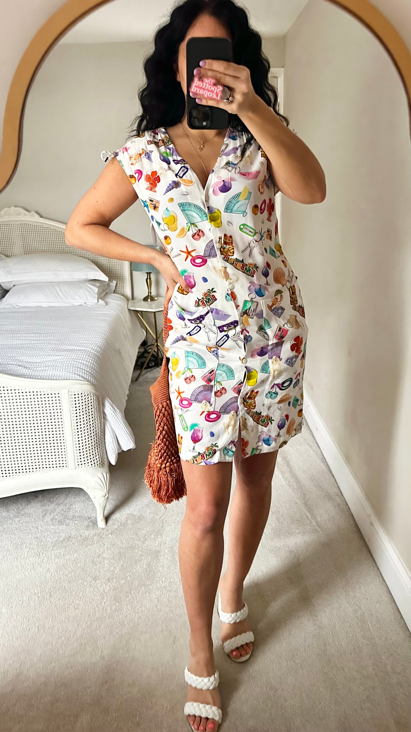 Bimba Y Lola white kitsch fan shell print lucky cat small event dress UK 8 new bnwt