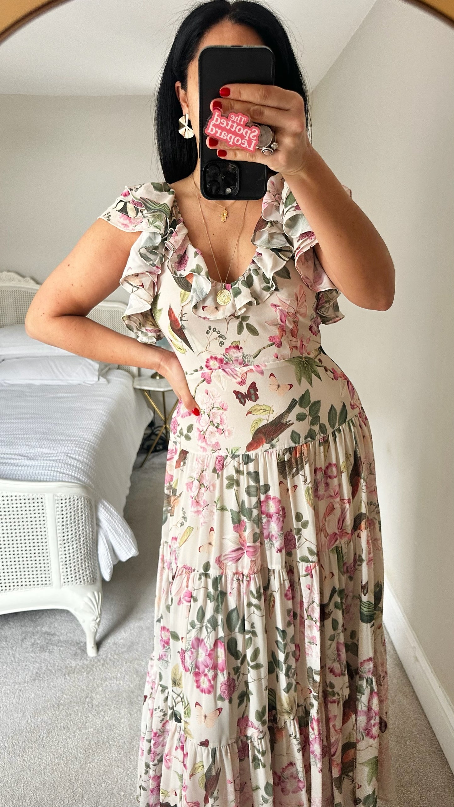 & other stories floral bird cream pink long wedding guest event dress small UK 10 vgc
