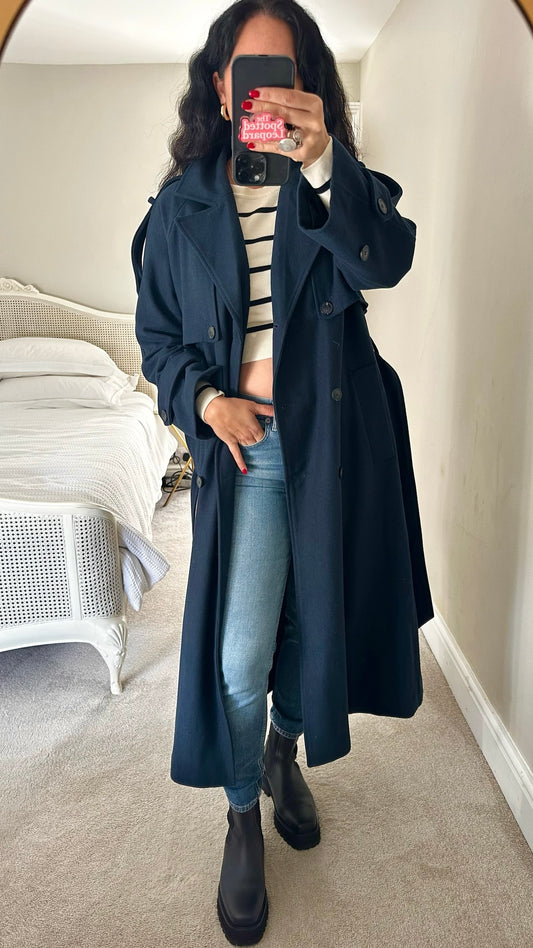 Selected femme @ anthropologie navy blue wool blend maxi coat large UK 12 new XMS25