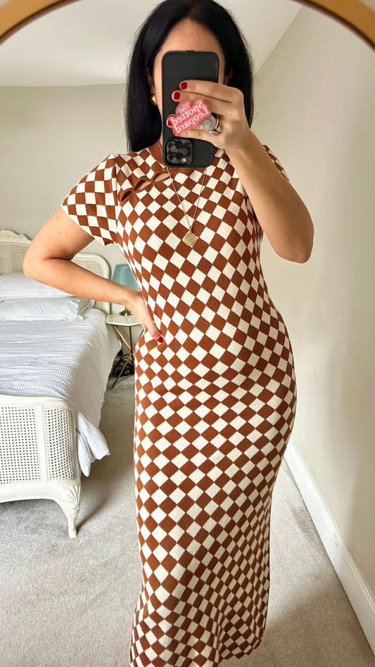 Kitri brown cream checkered midi long dress event large UK 14 vgc
