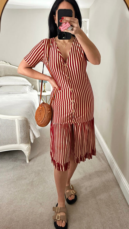 Zara burgundy cream candy stripe drop waist midi jersey dress Small S UK 8 excellent used condition