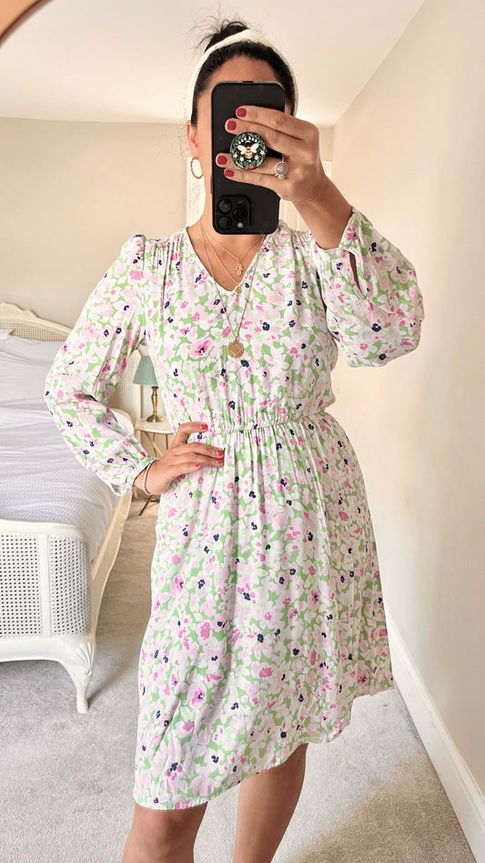 Selected Femme @Anthropologie green pink floral print midi dress small S UK 8