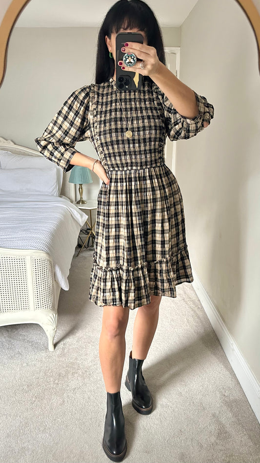 & other stories black gold cream gingham check dress medium UK 10 vgc