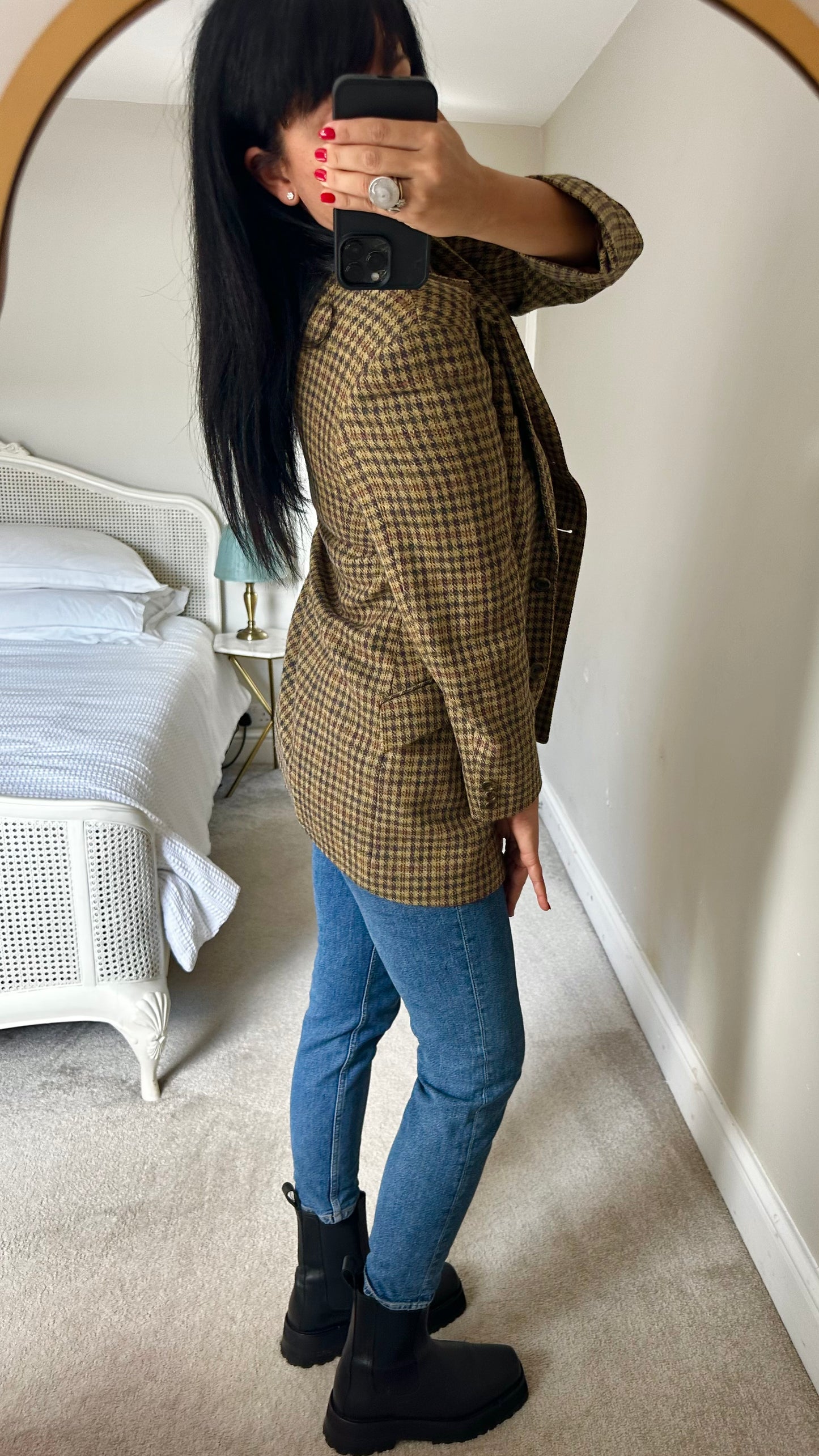 Aquascutum vintage beige brown gingham check blazer jacket small medium 100% wool vgc UK 8-10