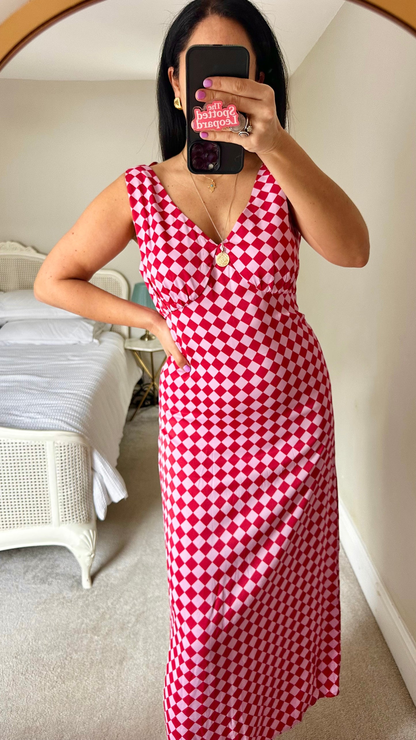 YAS pink rose fuchsia checkered midi long dress medium UK 10-12 event vgc