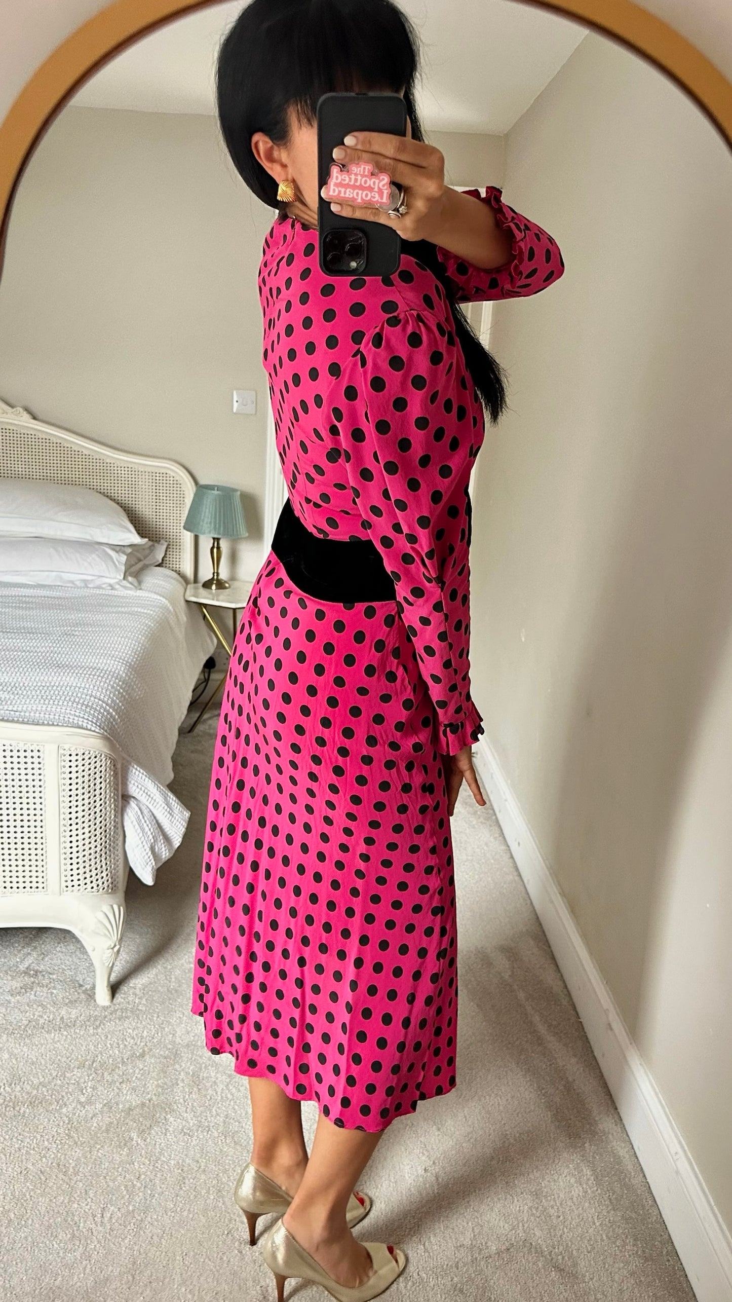 RIXO fuchsia pink black polka dot front split long event dress medium M UK 10 excellent used condition