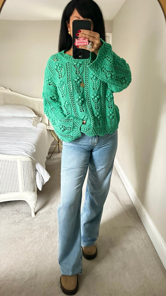 Zara bright green crochet bobble knitted jumper small UK 8-10 vgc