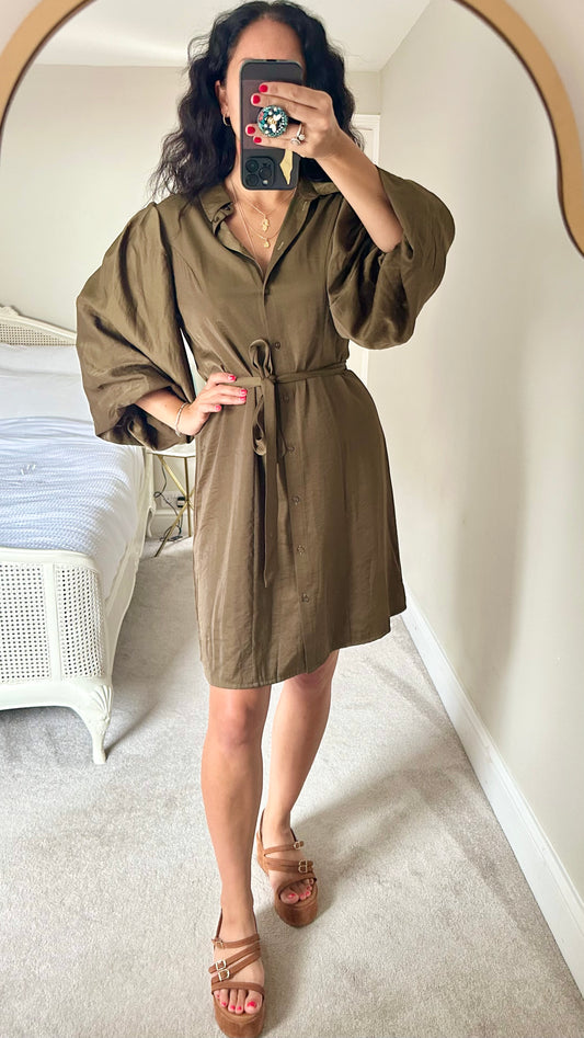 Selected Femme @ Anthropologie khaki olive green puff sleeve mini shirt dress new bnwt UK 10-12