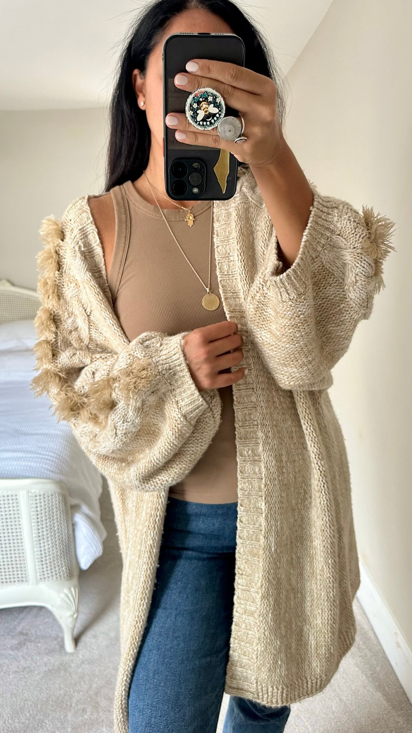 Anthropologie beige caramel boho knitted oversized longline cardigan large UK 12-14 vgc w25