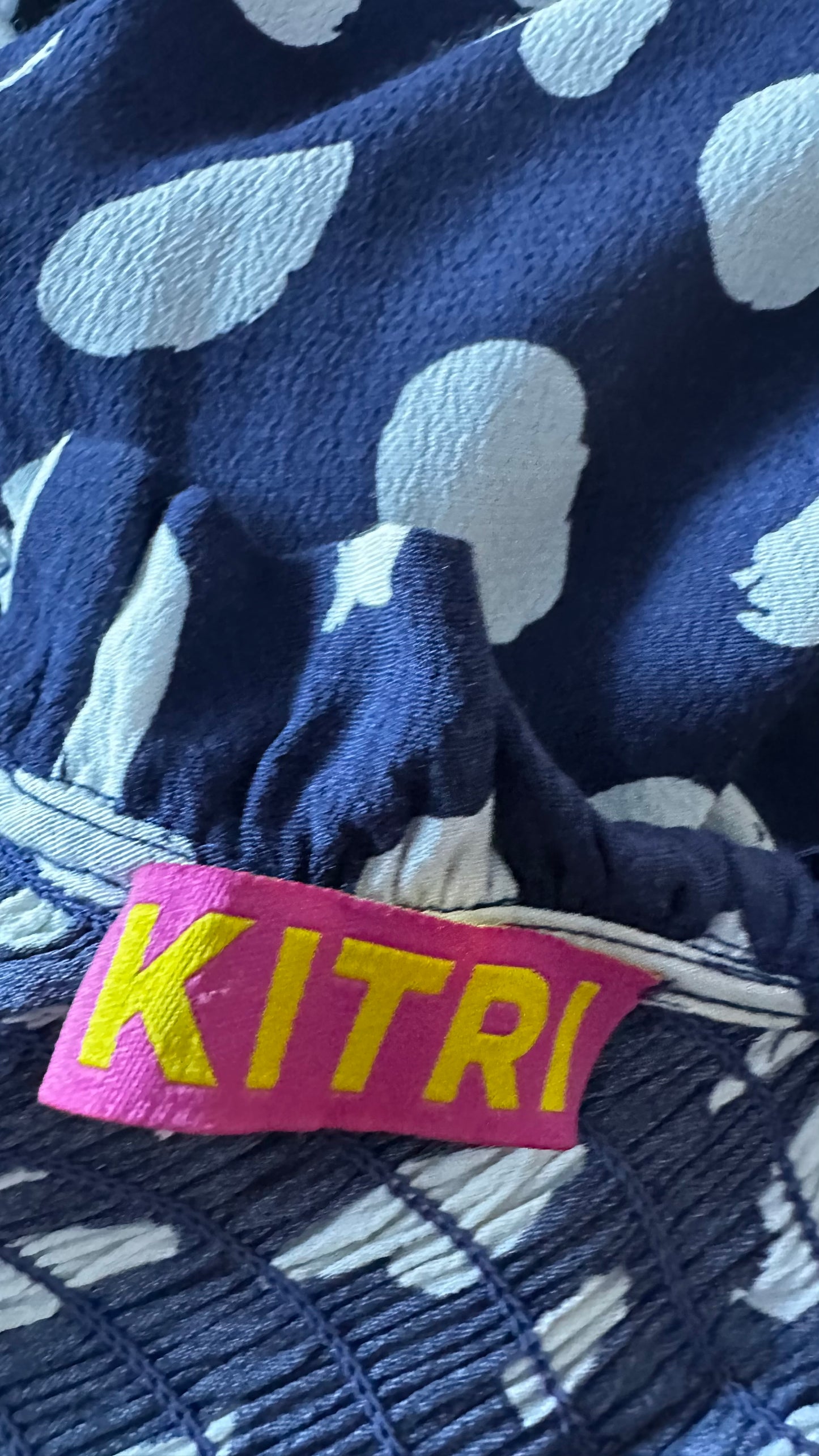 KITRI navy blue polka dot shirred bust midi event dress medium UK 12 vgc