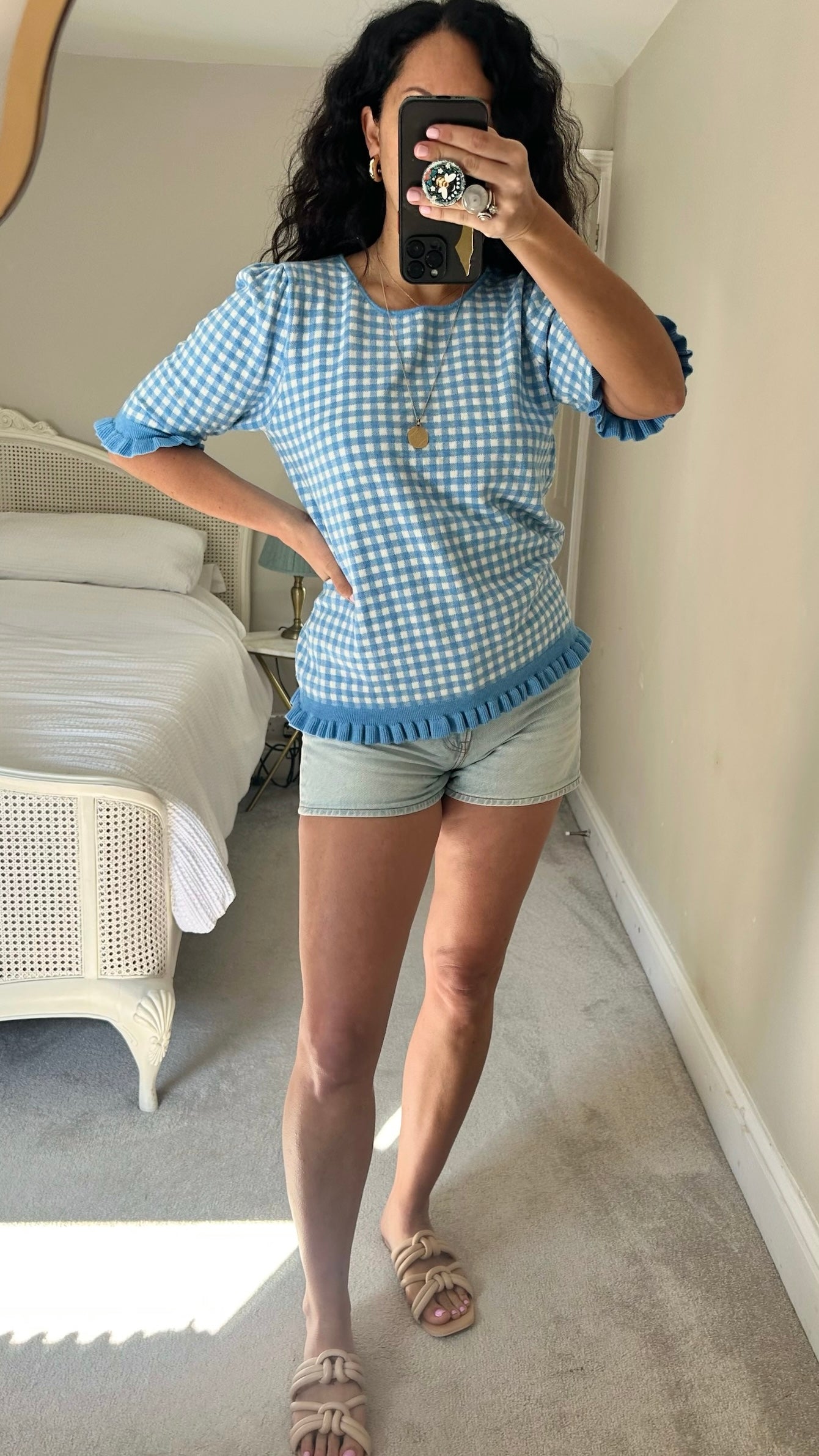 La Radoute blue white gingham short sleeve top medium M UK 12