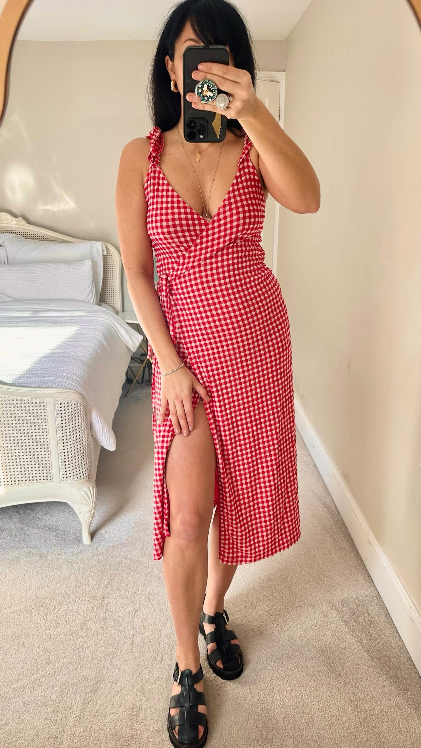 & other stories red white gingham check wrap midi long dress UK 8 10 14 vgc