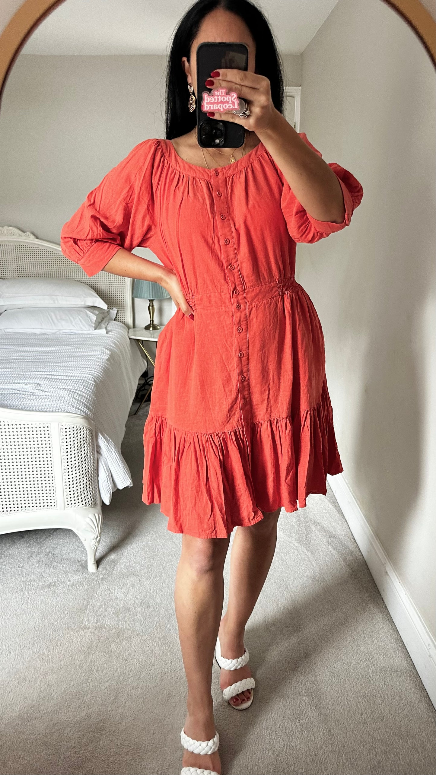 Oliver Bonas coral Orange linen blend button up mini holiday dress small medium UK 10-12 vgc