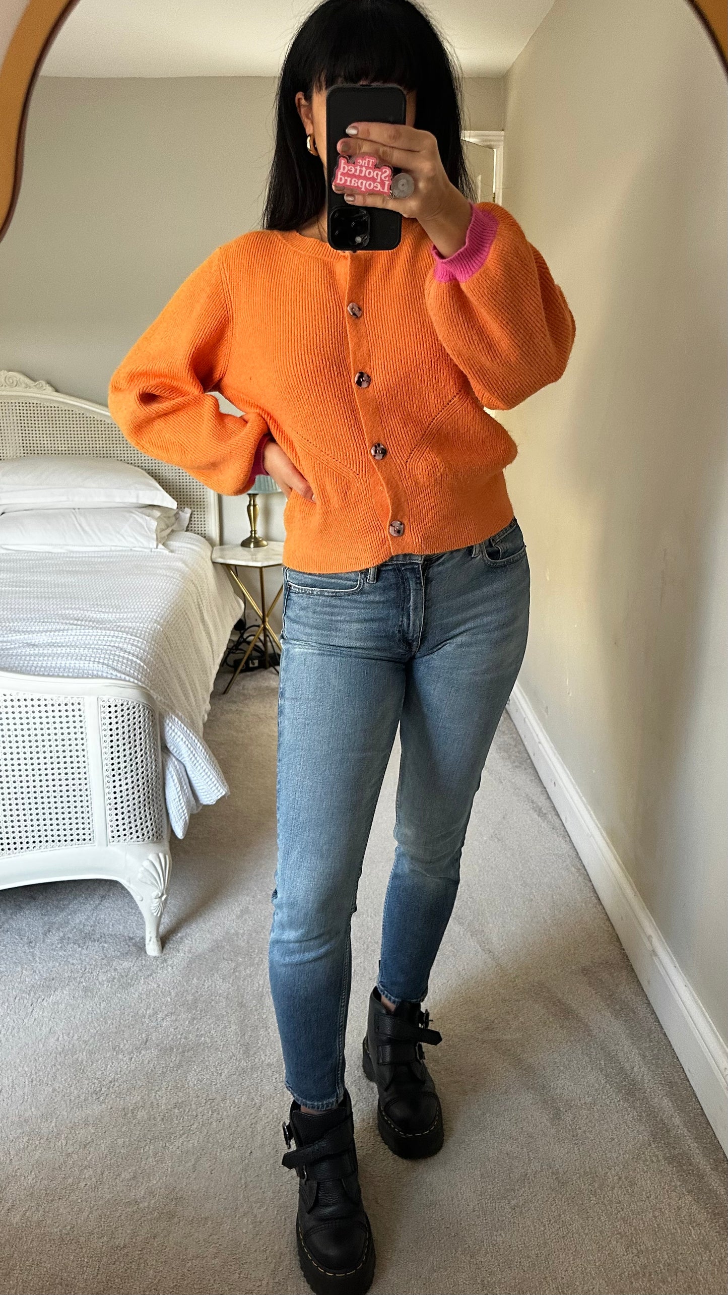 Oliver Bonas Orange pink knitted cardigan jumper medium UK 12 vgc