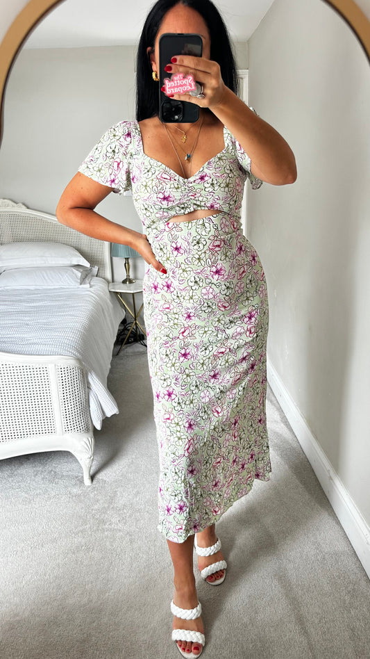 Zara green pink floral cut out midi dress small UK 8-10 vgc