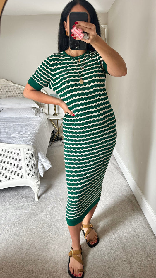 Principles deep forest green wavey knitted midi long dress medium UK 12-14 vgc