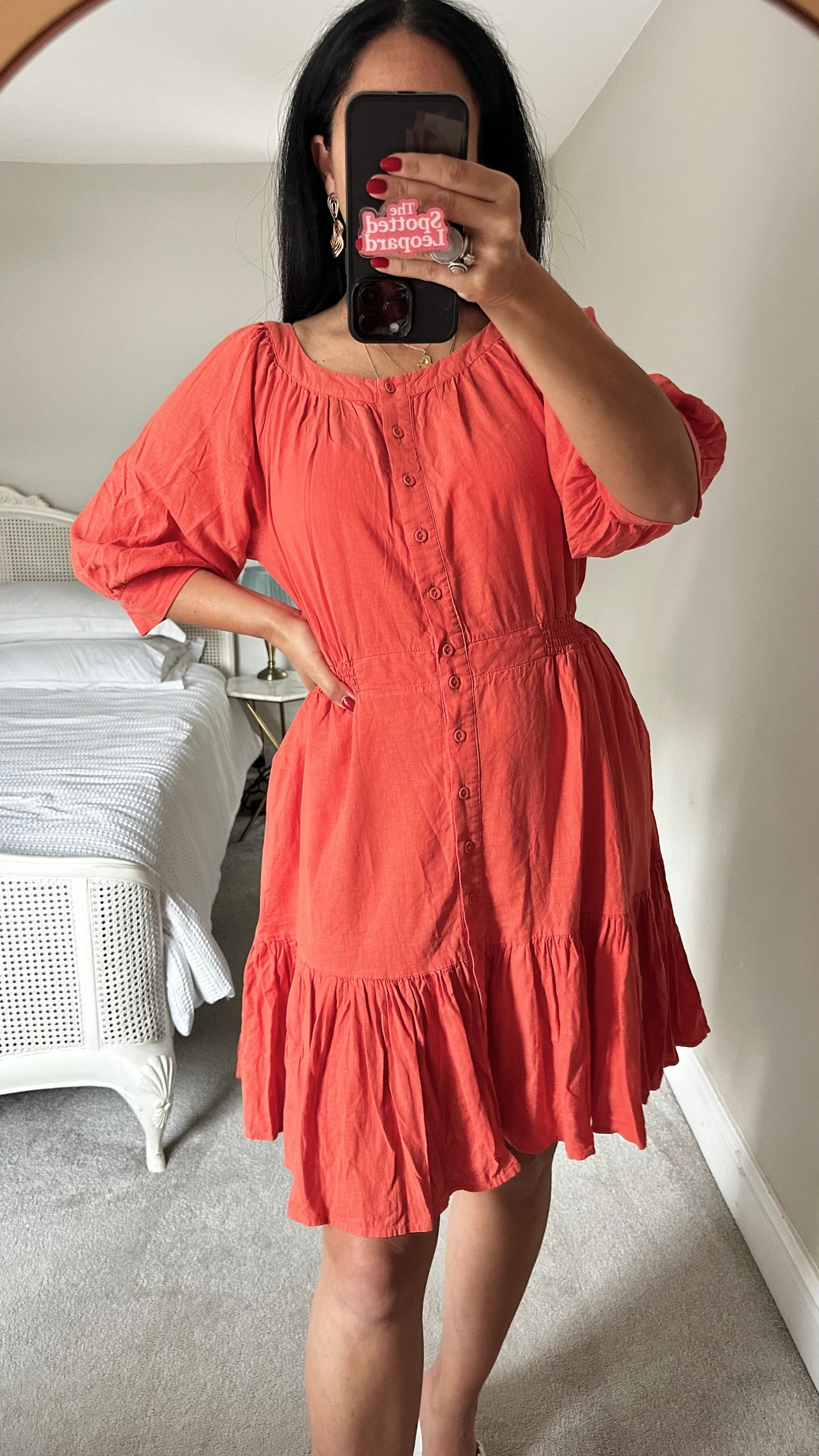 Oliver Bonas coral Orange linen blend button up mini holiday dress small medium UK 10-12 vgc