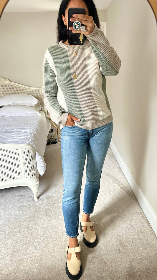 Reiss light green cream grey stripe alpaca blend jumper medium M UK 10-12 excellent used condition W25
