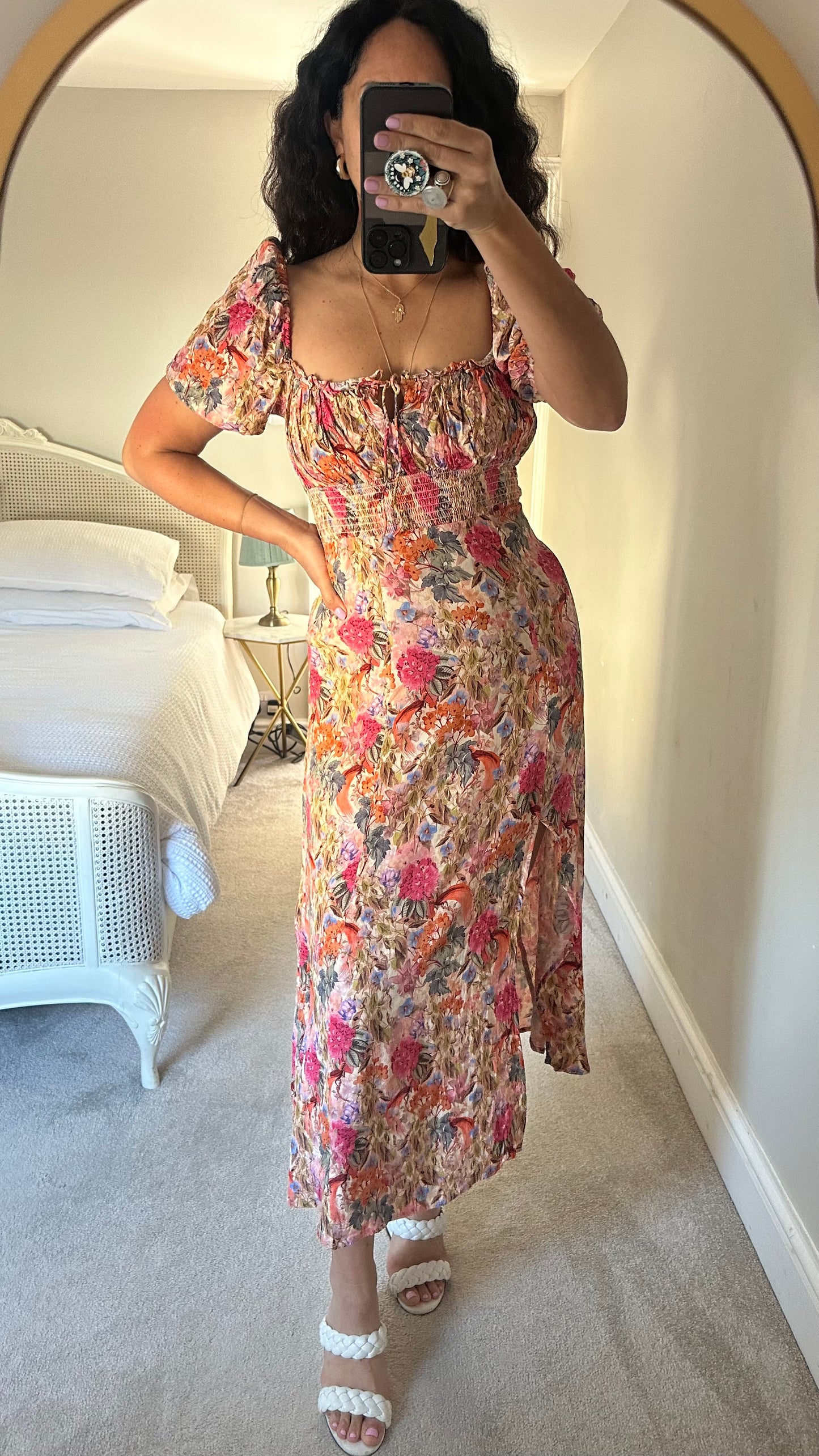 & other stories pink blue beige floral side split midi long dress extra small UK 6 vgc