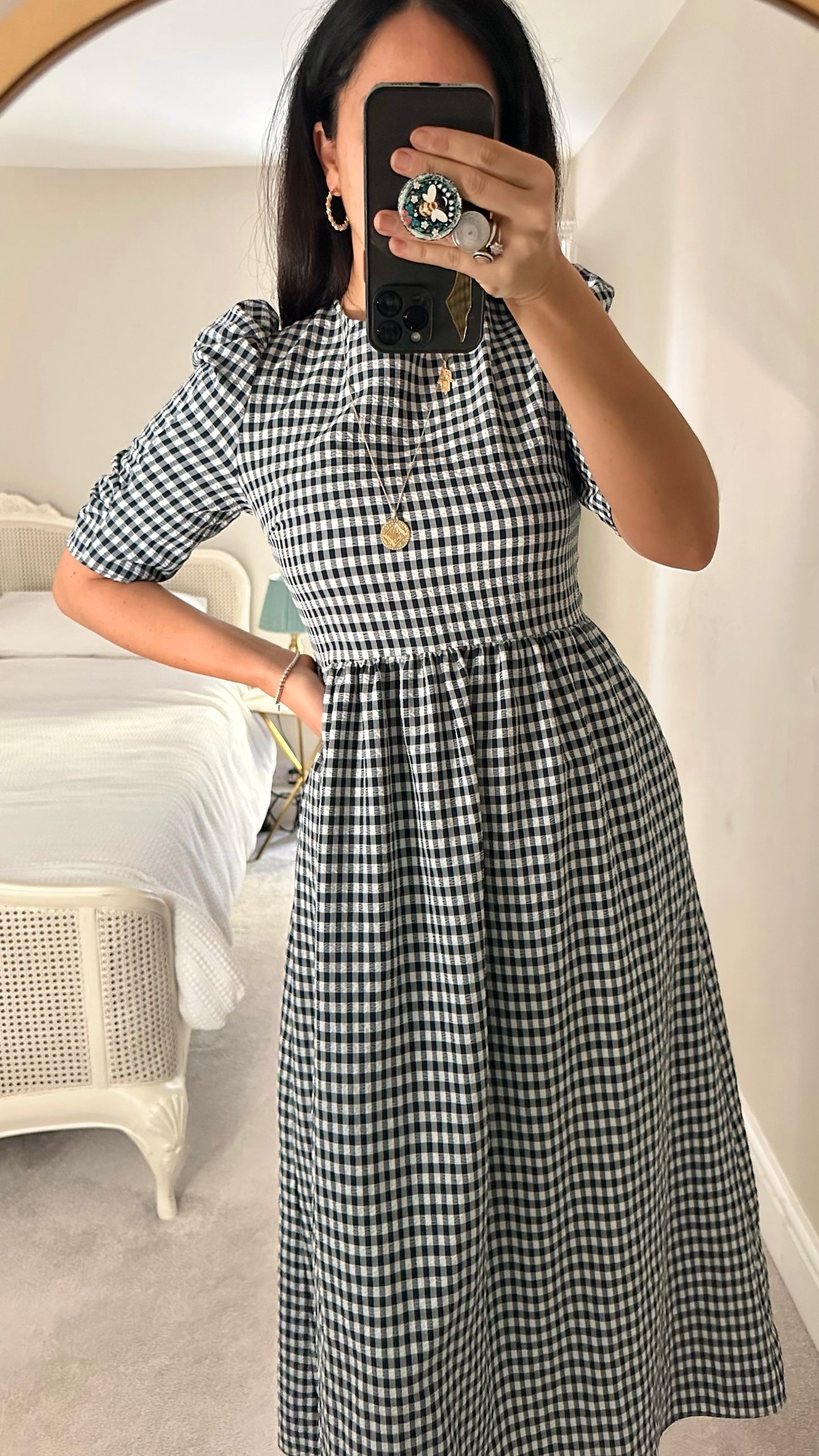 Topshop navy blue white gingham check backless midaxi large L UK 12