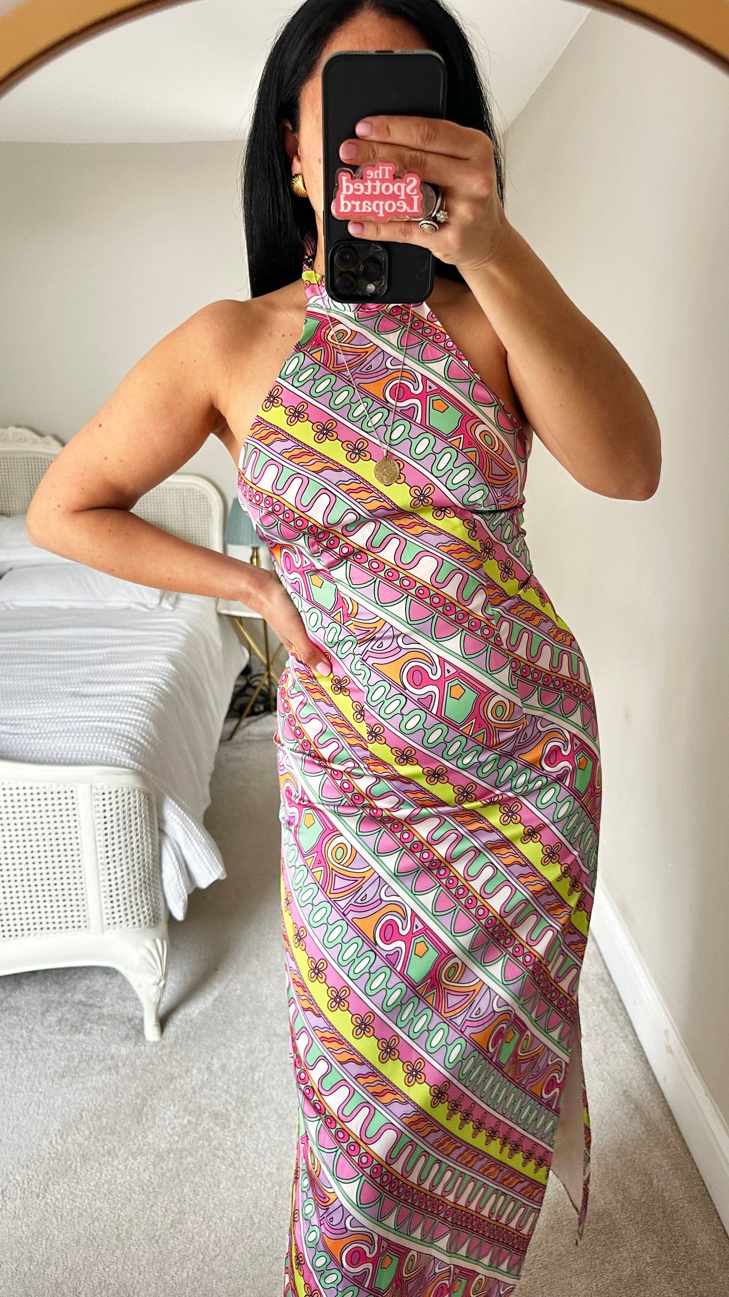 Warehouse pink green halterneck holiday dress side split small UK 8 vgc