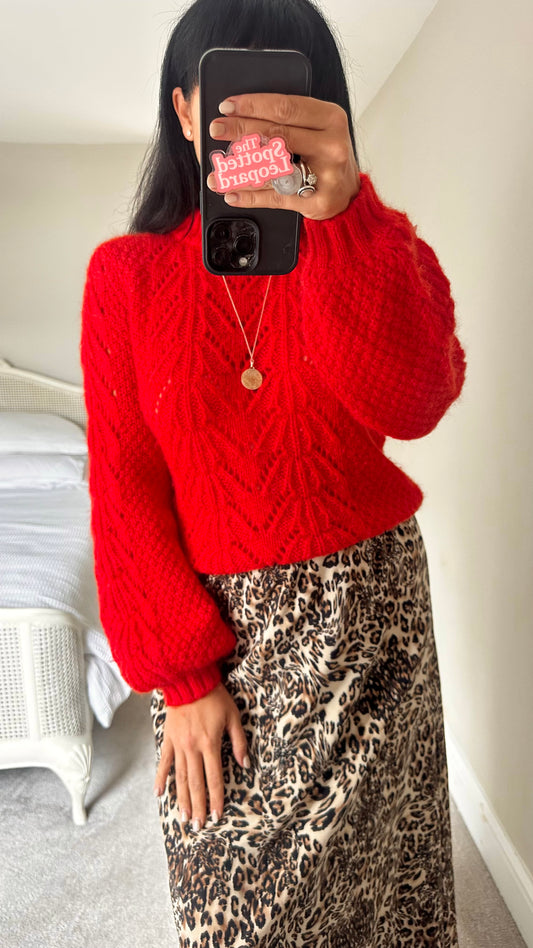 Second Female bright red mohair blend knitted crochet wool blend jumper small UK 8 vgc