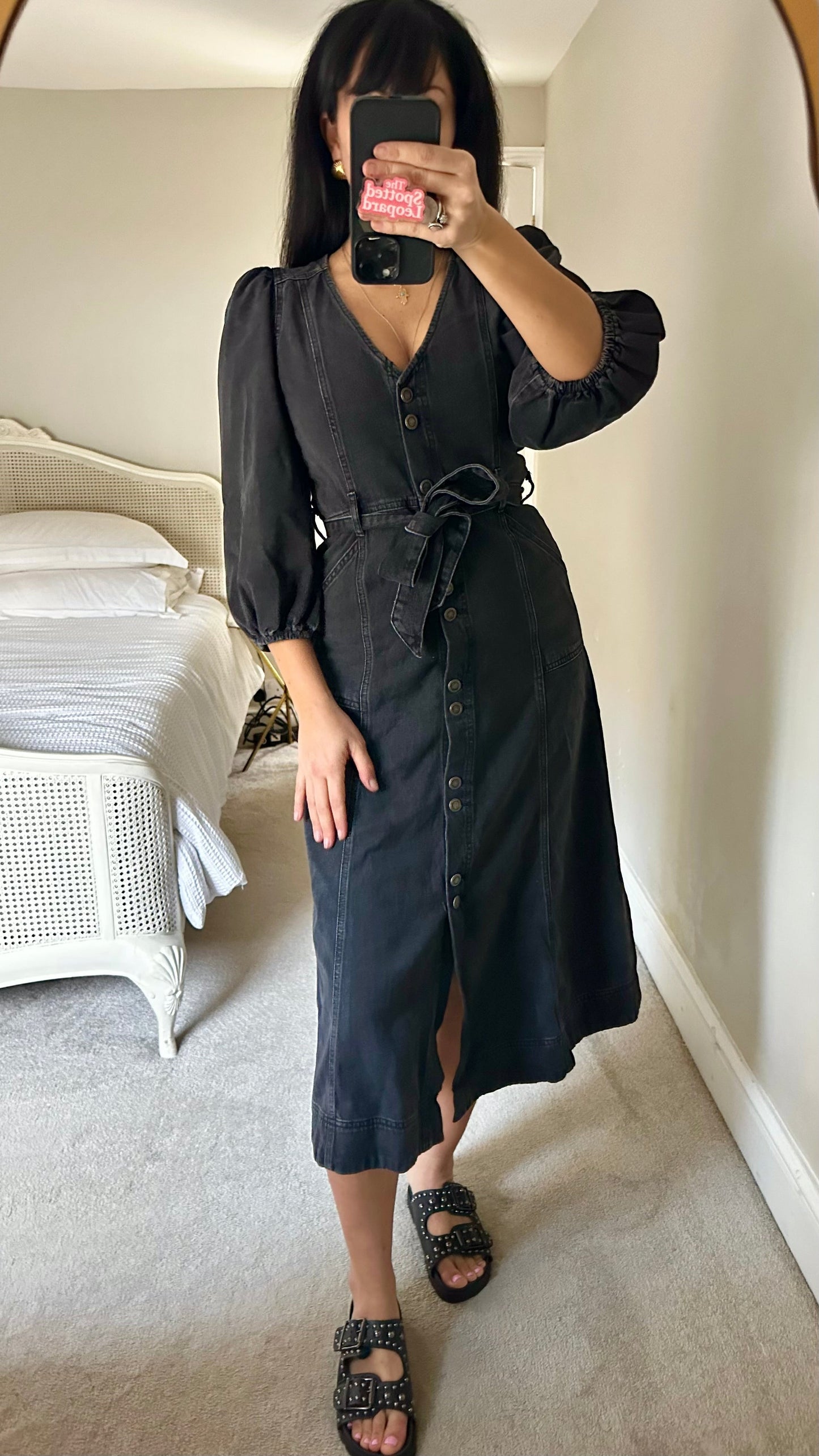 Oliver Bonas black denim jeans button up midi dress small UK 10 vgc