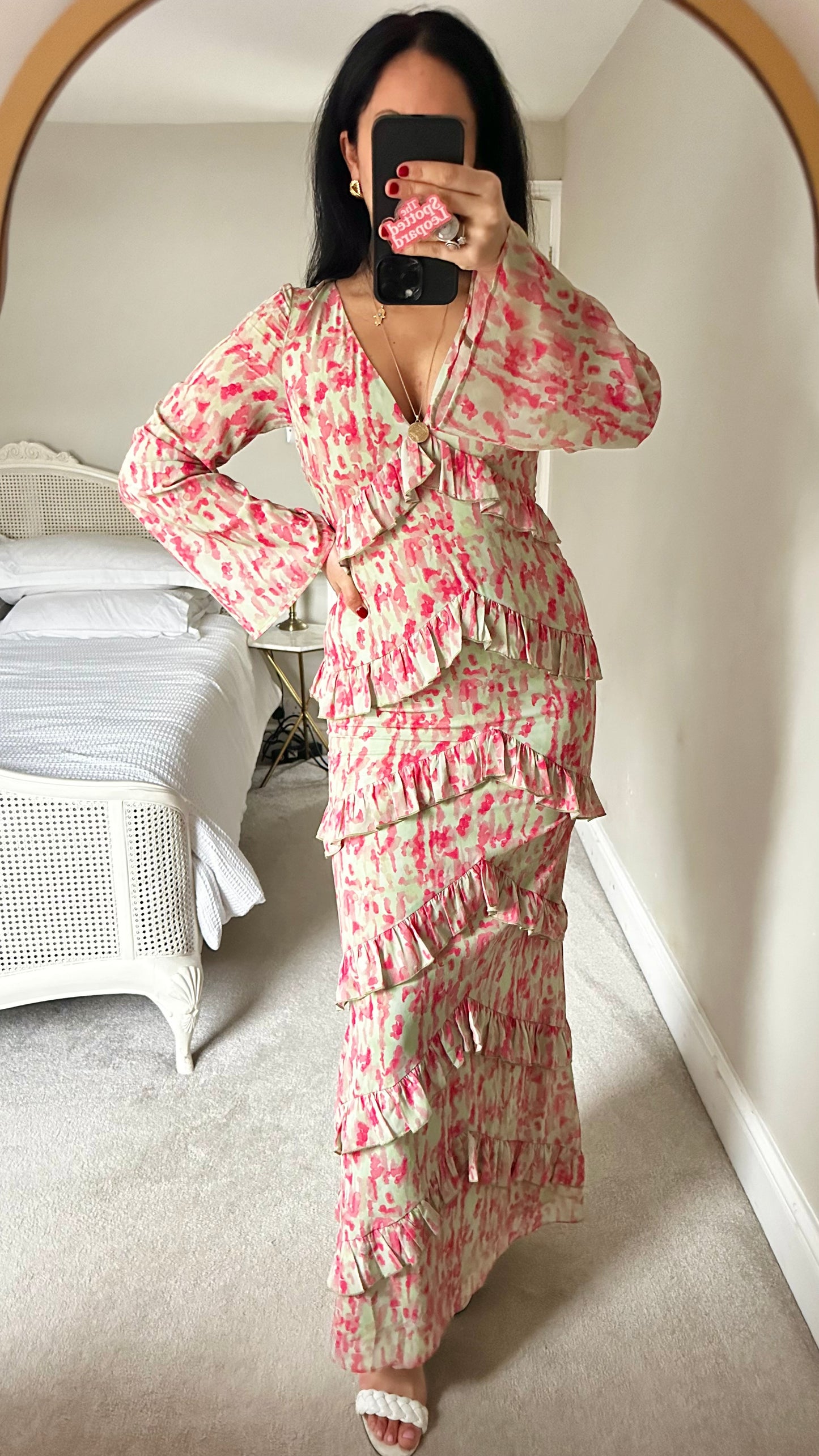 Pretty Lavish mint green fuschia pink splatter frilled maxi long dress small UK 8 vgc event