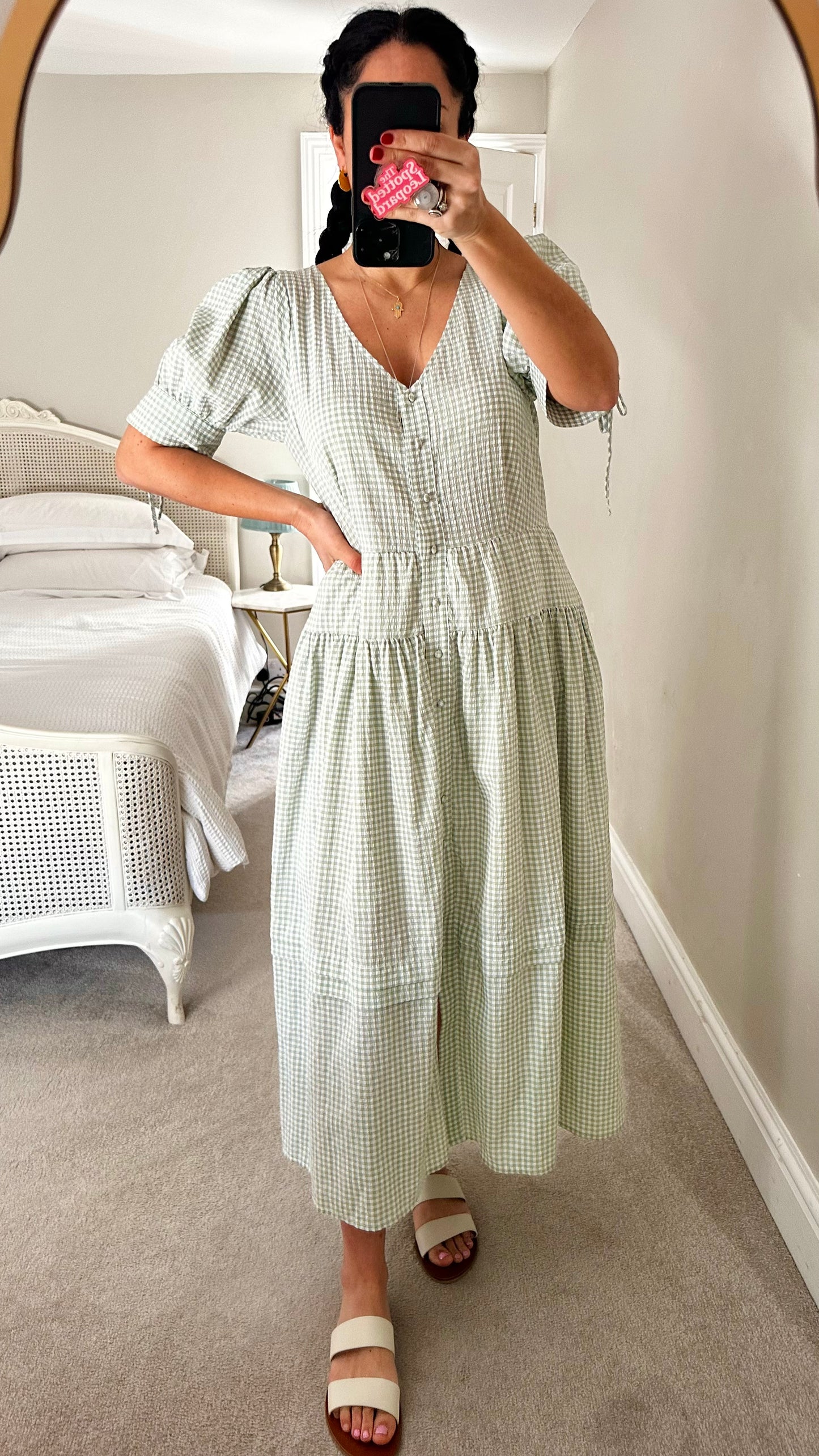 Oliver Bonas light green white gingham check button up holiday sun dress extra small medium UK 6-8 12-14 vgc