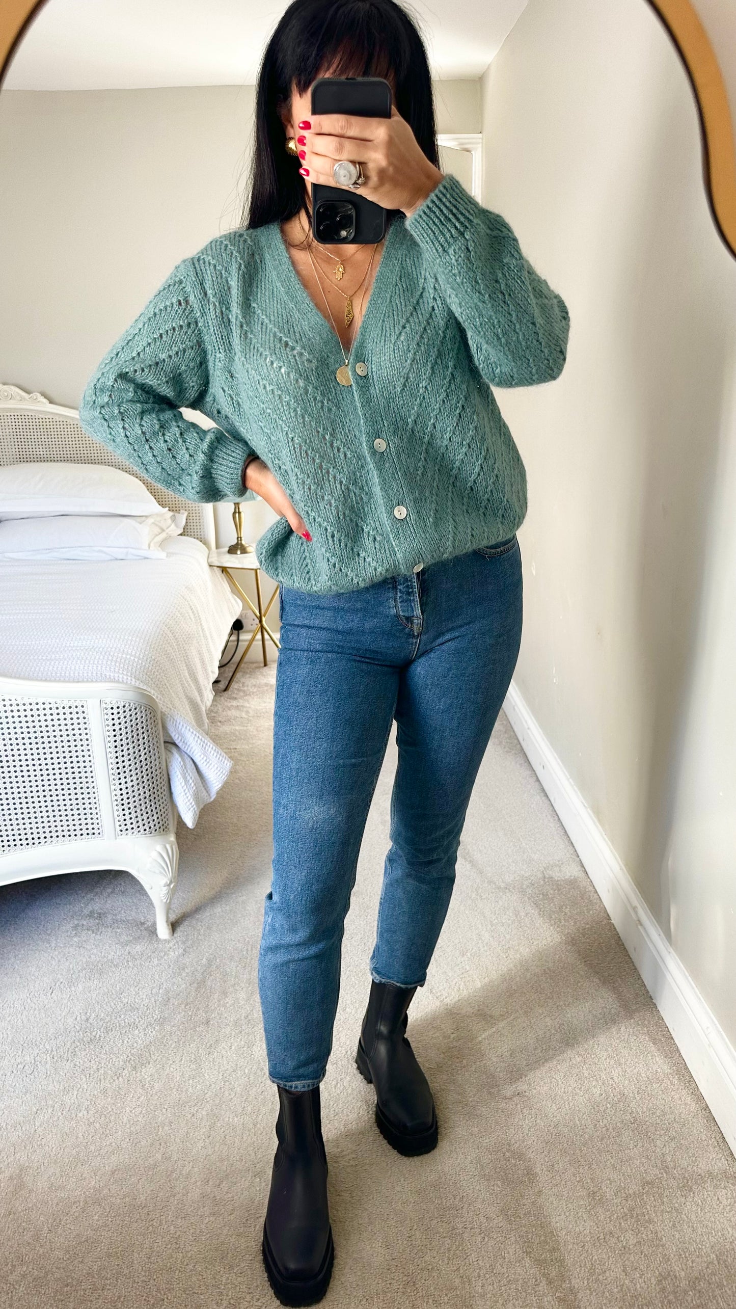 Maelys teal turquoise blue crotchet knit mohair blend button up cardigan medium large ML UK 10-12 excellent used condition
