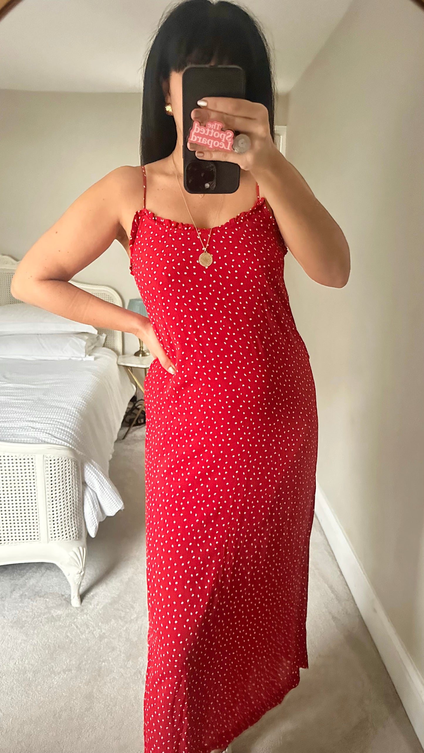 Seen Worn Kept @ Anthropologie red white polka dot side split slip maxi midi dress medium UK 10 12 vgc